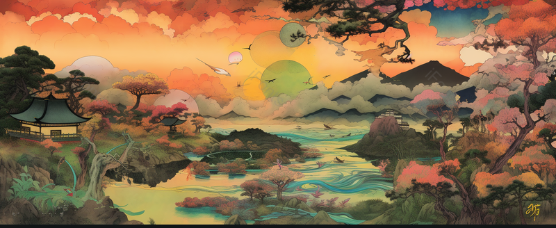国风花鸟树林山水建筑日落余晖红色天空传统建筑古典插画,插画/手绘图,插画/手绘图库,插画/手绘图下载,插画/手绘